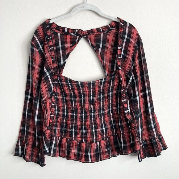 Free People Nicole Smocked Plaid Top Red Black Cropped Open Back Size Medium - Picture 1 of 11